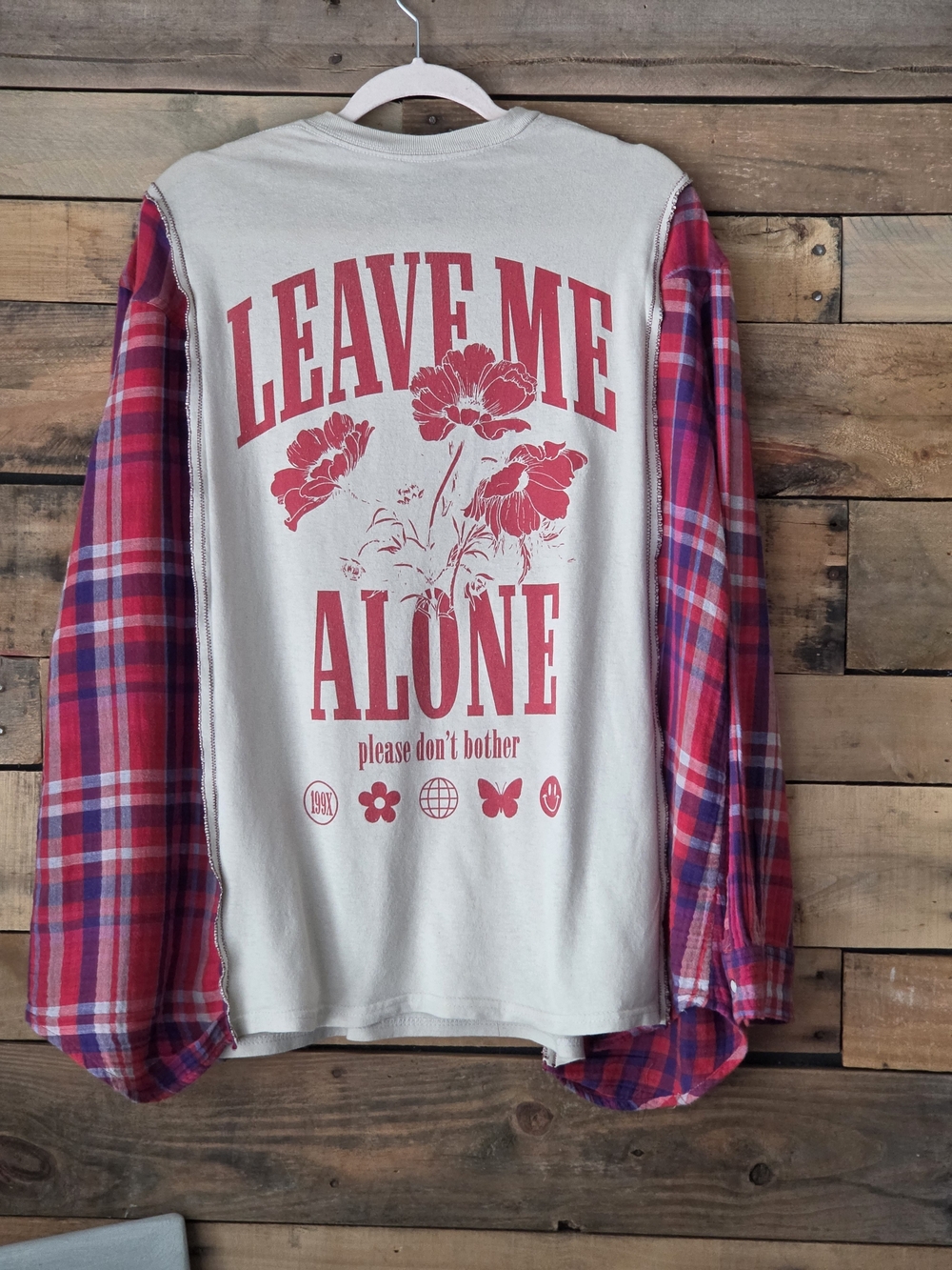Upcycled Leave Me Alone Graphic Tee with Red Plaid Sleeve Detail - Picture 12 of 12